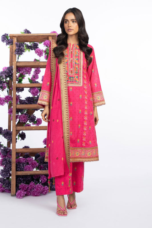 3 Pc Embroidered Lawn Suit With Leno Dupatta