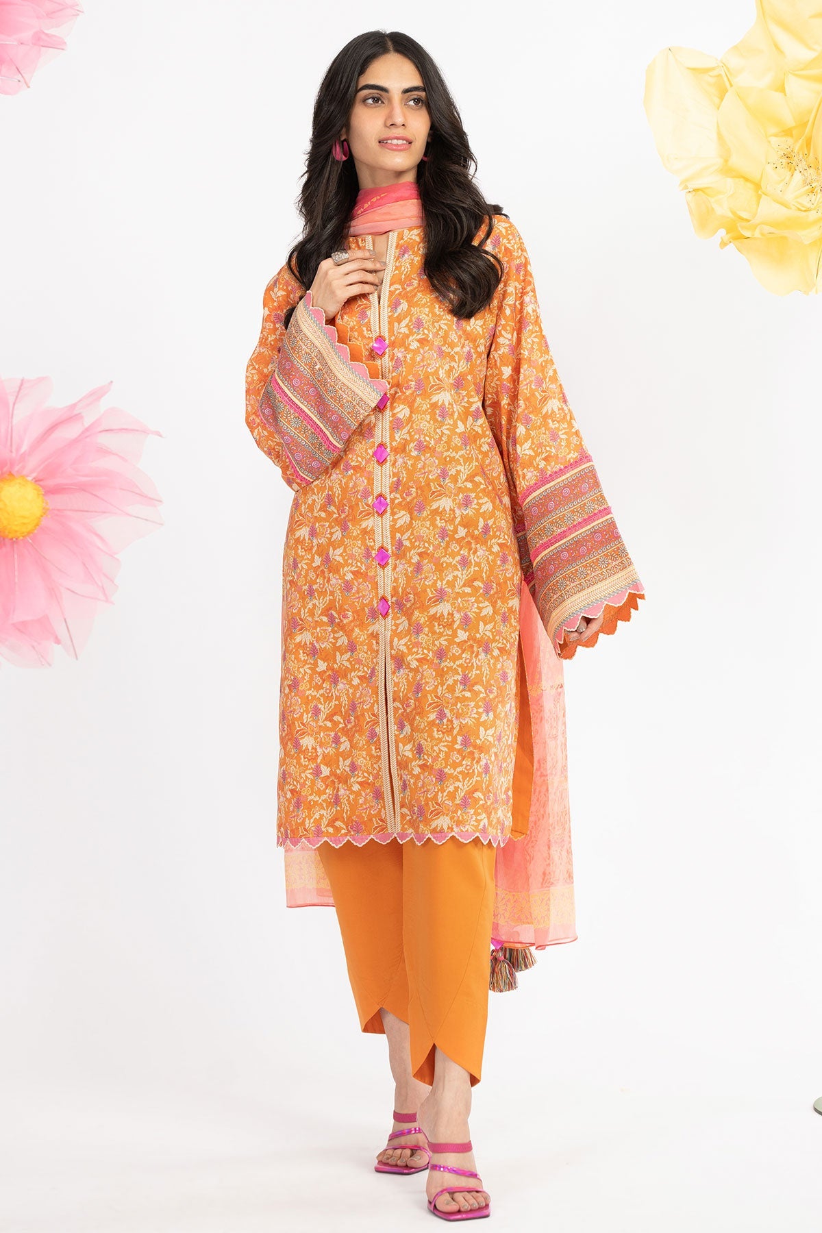 3 Pc Printed Lawn Suit With Chiffon Dupatta