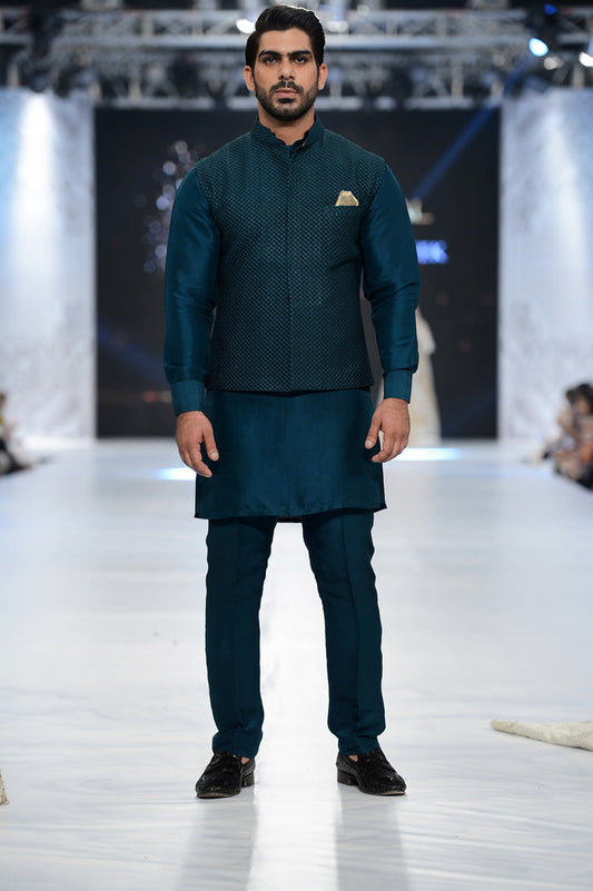 Teal Raw Silk Waist Coat With Kurta and trousers