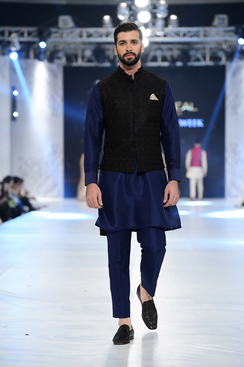 Embroidered Black Raw Silk Waist Coat With Kurta and trousers