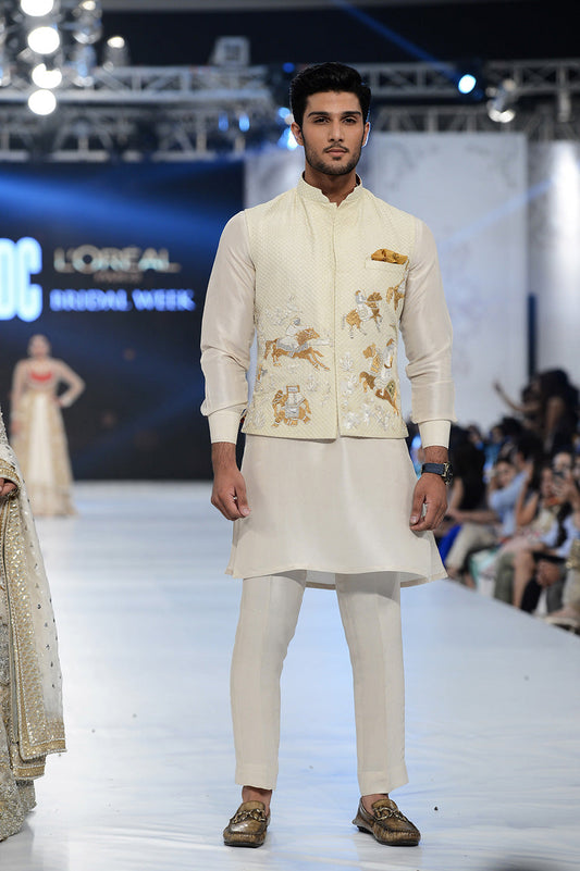 Off White Raw Silk Waist Coat With Kurta trousers