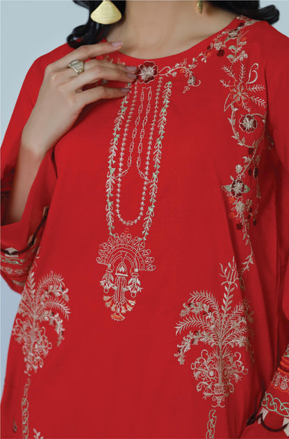 Bareeq Outfits - Raving Red 2-Piece Embroidered Stitched Suit