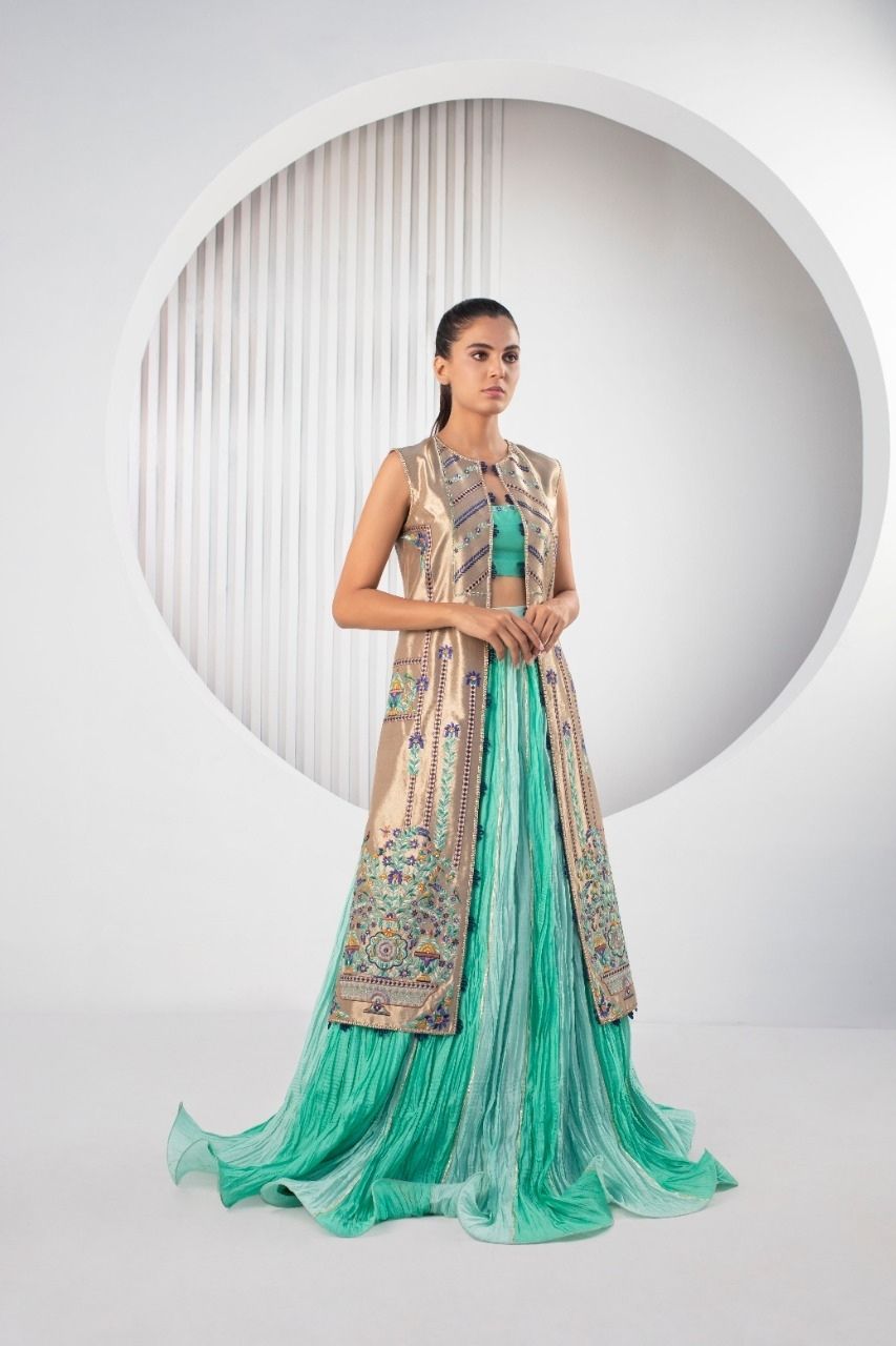 Tissue Jacket with Lehnga Choli