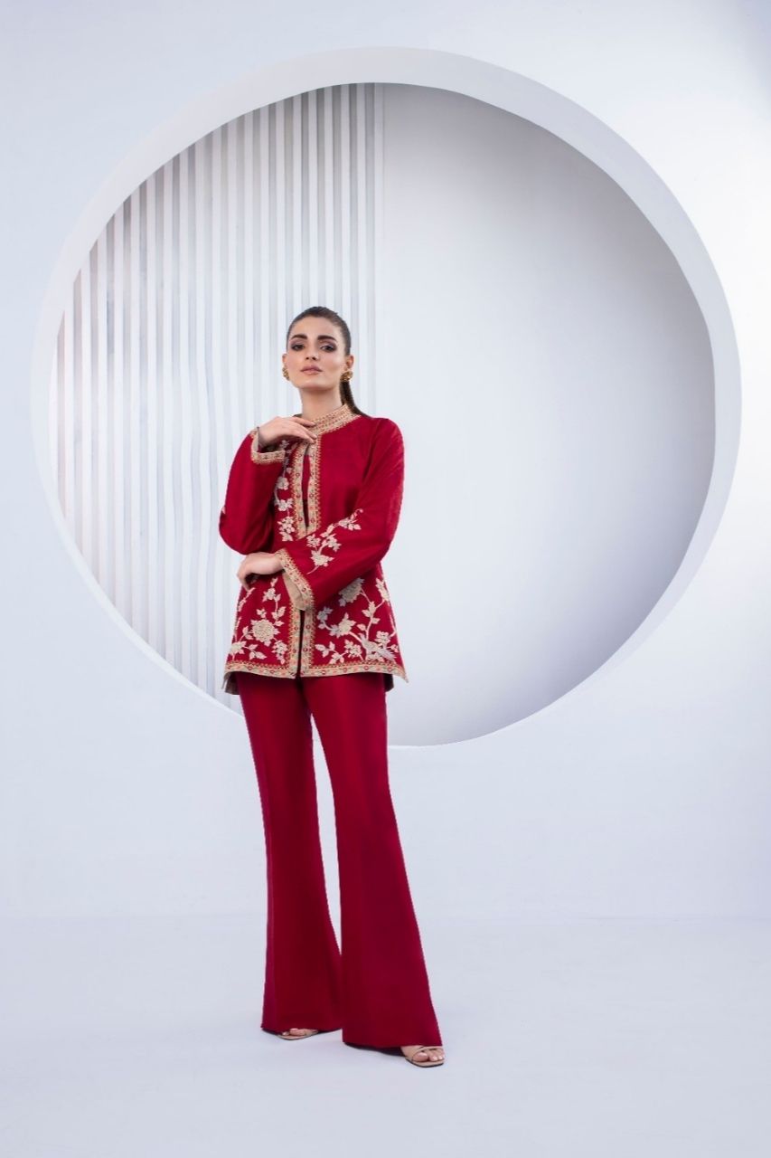 Wine Red Self Jamawar Jacket With Trousers