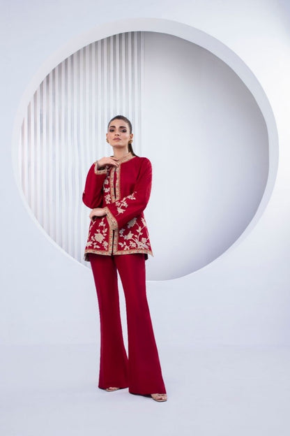 Wine Red Self Jamawar Jacket With Trousers