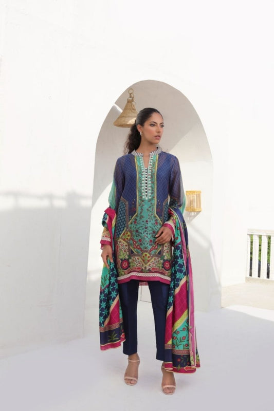 Navy And Sea Green Printed Cotton Net Kurta With Silk Dupatta