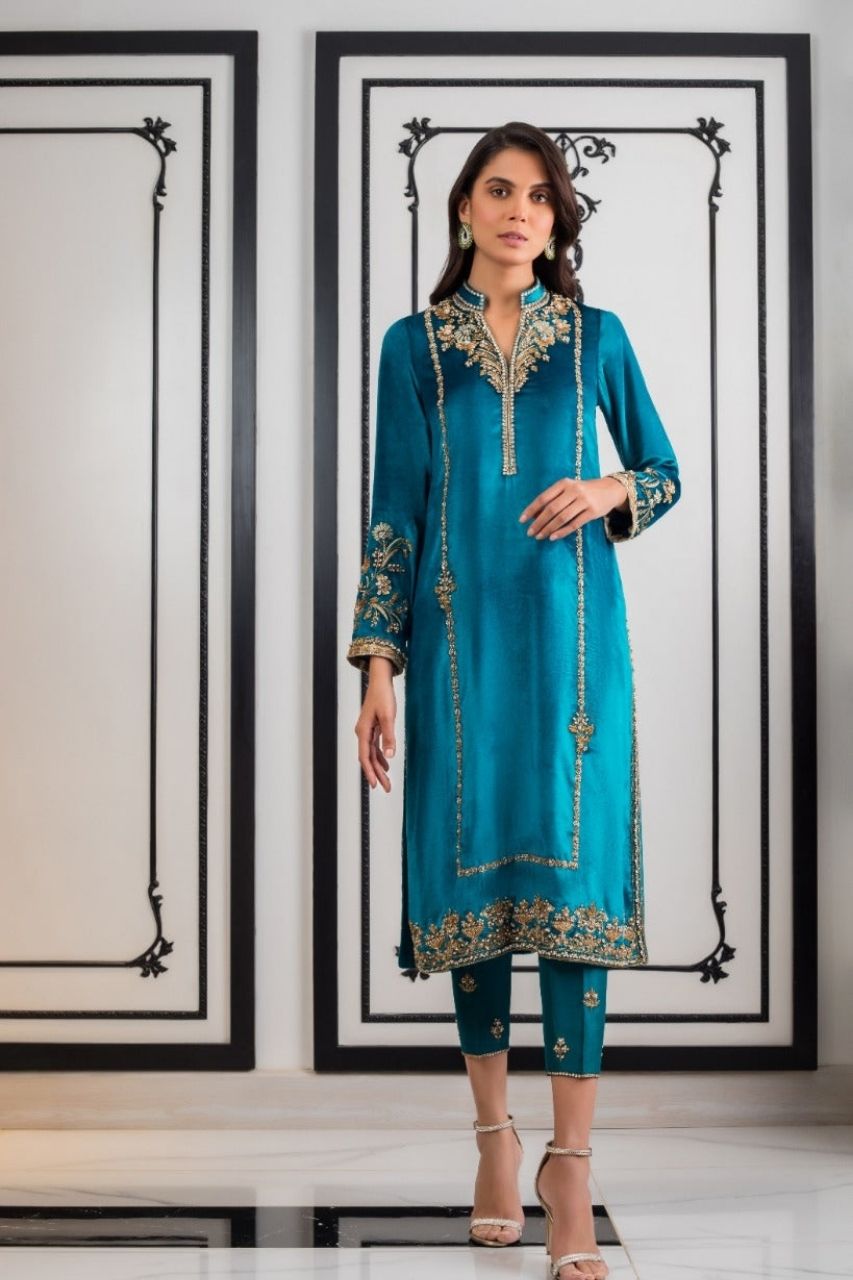 Teal Velvet Kurta and Trousers