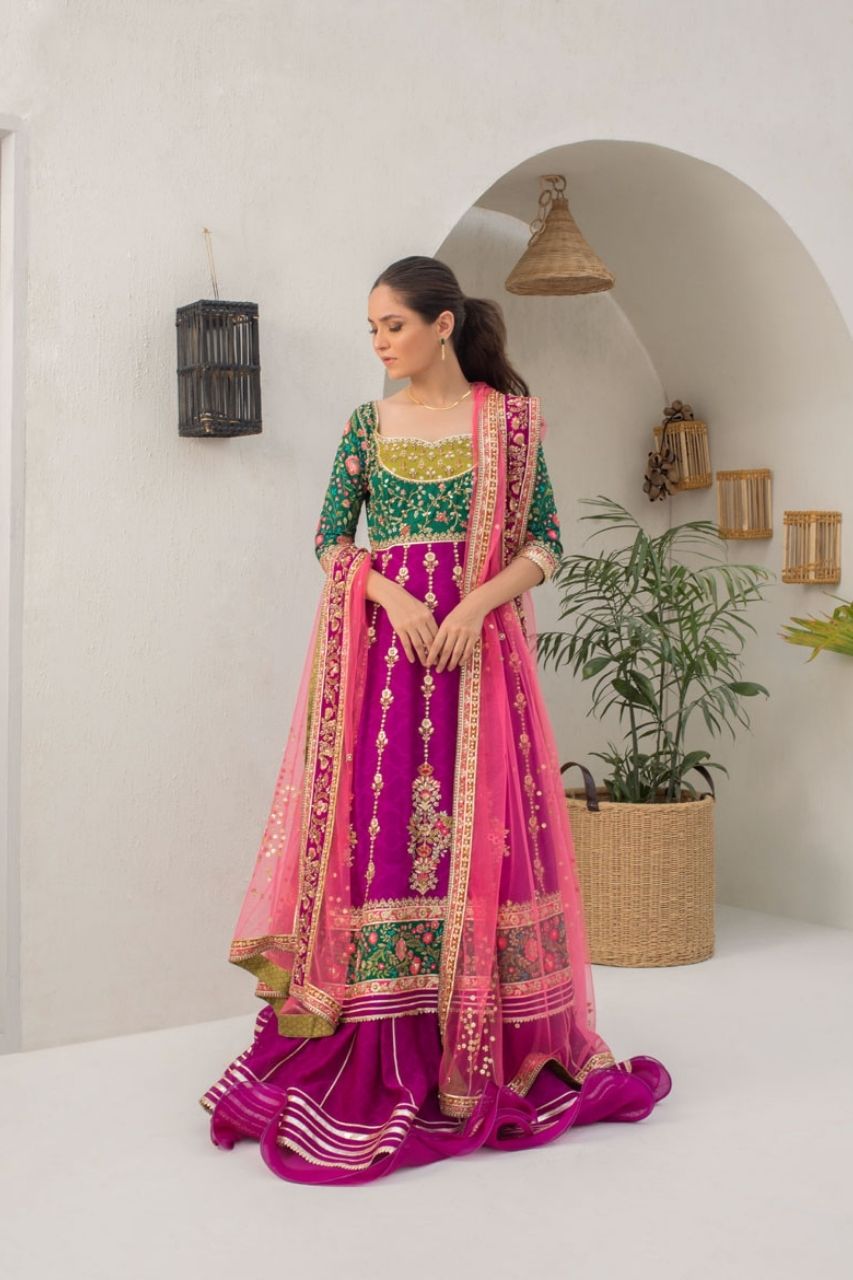 Parrot Green And Fuschia Worked Peshwas With Dusty Pink Net Dupatta