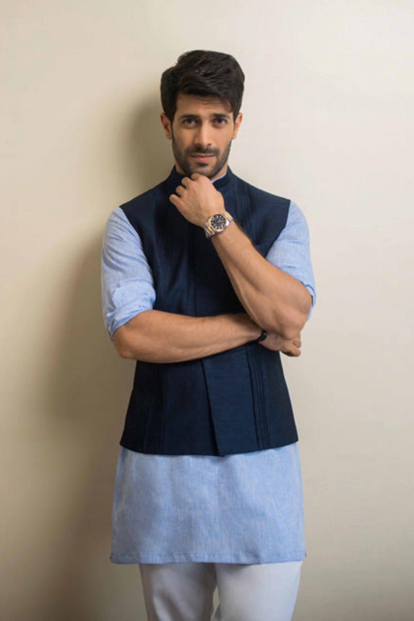 Light Blue Linen Kurta With Waist Coat