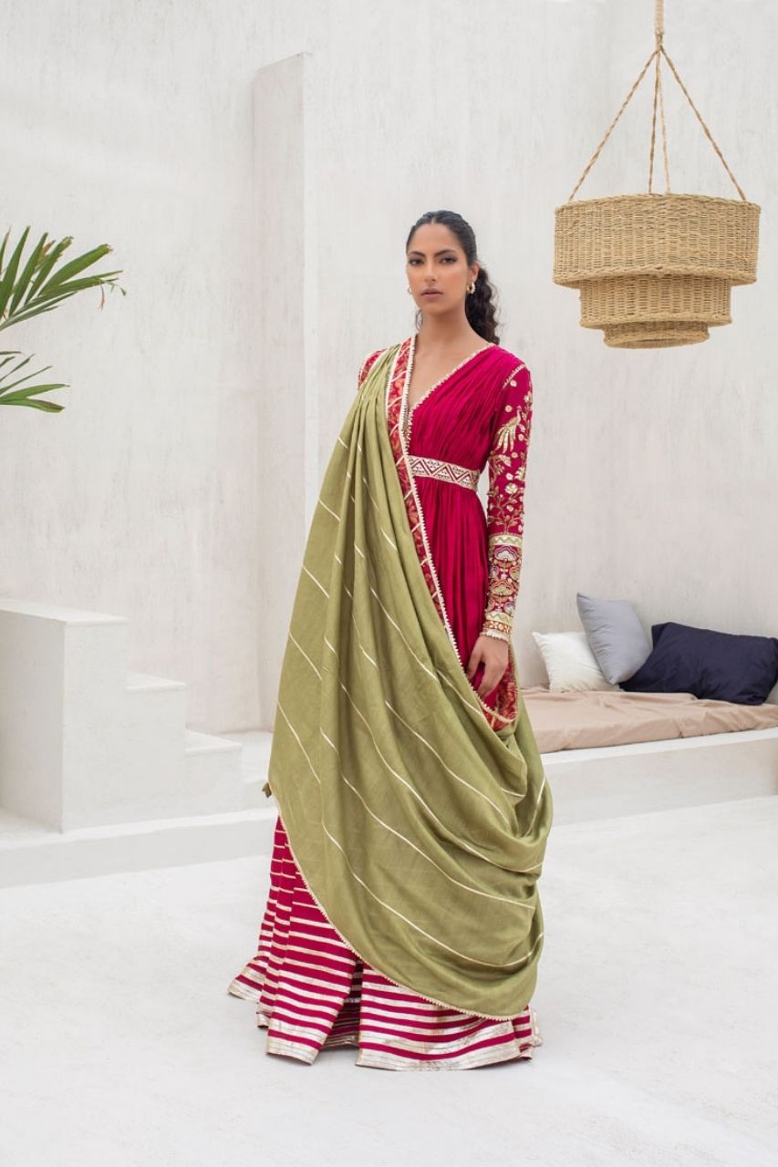 Strawberry Peshwas With Crushed Bodice And Pre-Draped Dupatta