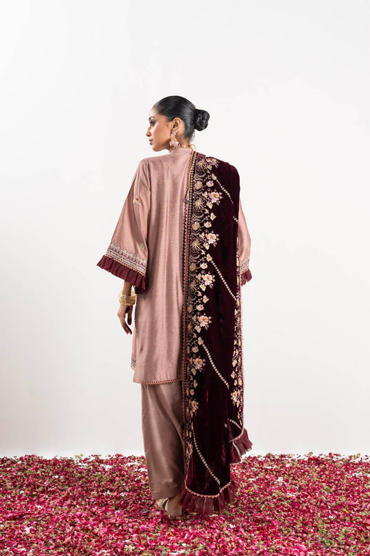 3 Pc Embroidered Yarn Dyed Silk Suit With Velvet Shawl