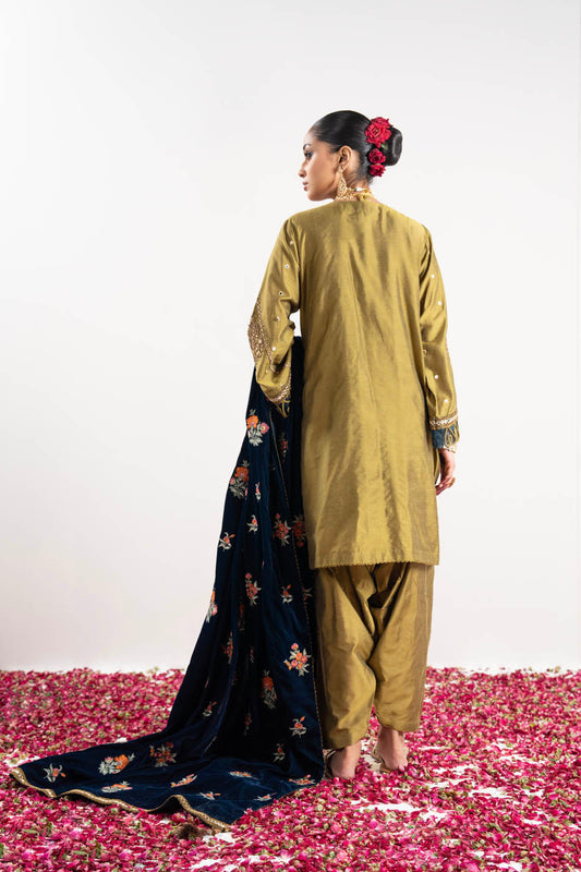 3 Pc Embroidered Yarn Dyed Silk Suit With Velvet Shawl