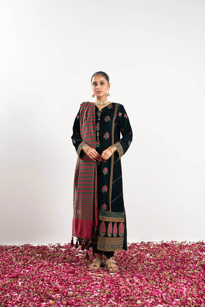 3 Pc Embroidered Velvet Suit With Yarn Dyed Dupatta