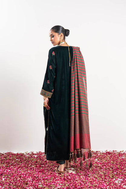 3 Pc Embroidered Velvet Suit With Yarn Dyed Dupatta