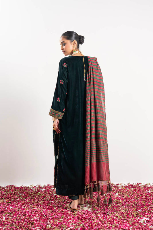 3 Pc Embroidered Velvet Suit With Yarn Dyed Dupatta