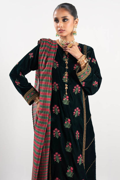 3 Pc Embroidered Velvet Suit With Yarn Dyed Dupatta