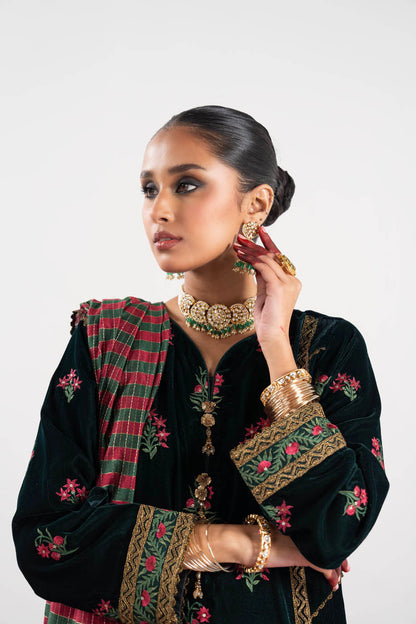 3 Pc Embroidered Velvet Suit With Yarn Dyed Dupatta