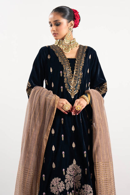 3 Pc Embroidered Velvet Suit With Yarn Dyed Dupatta