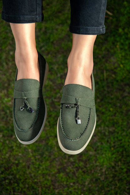 BTW - OLIVE GREEN SOFT SLIP SUEDE LOAFERS