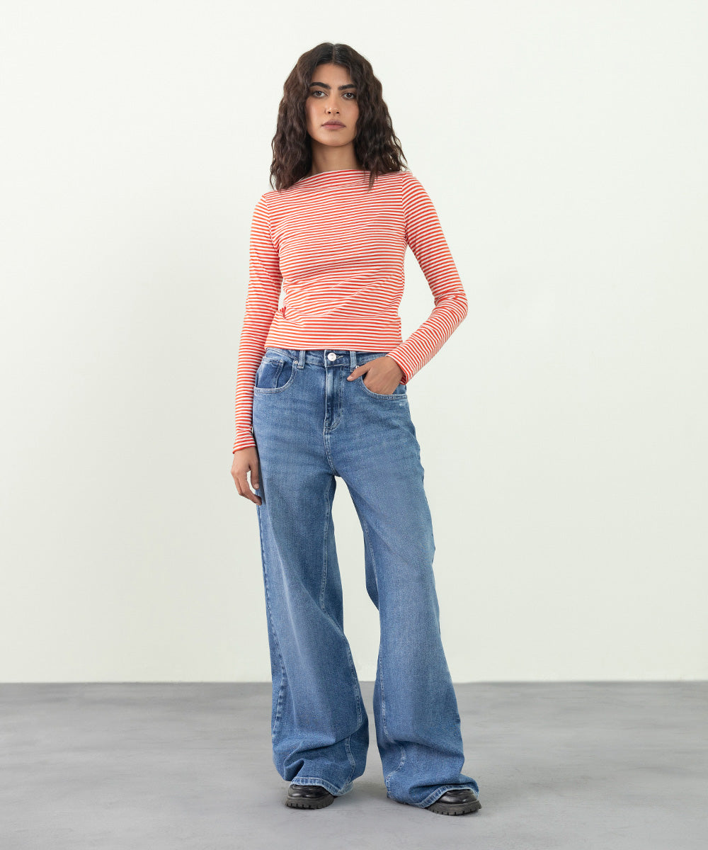 Sapphire - Slash Neck Striped T-Shirt