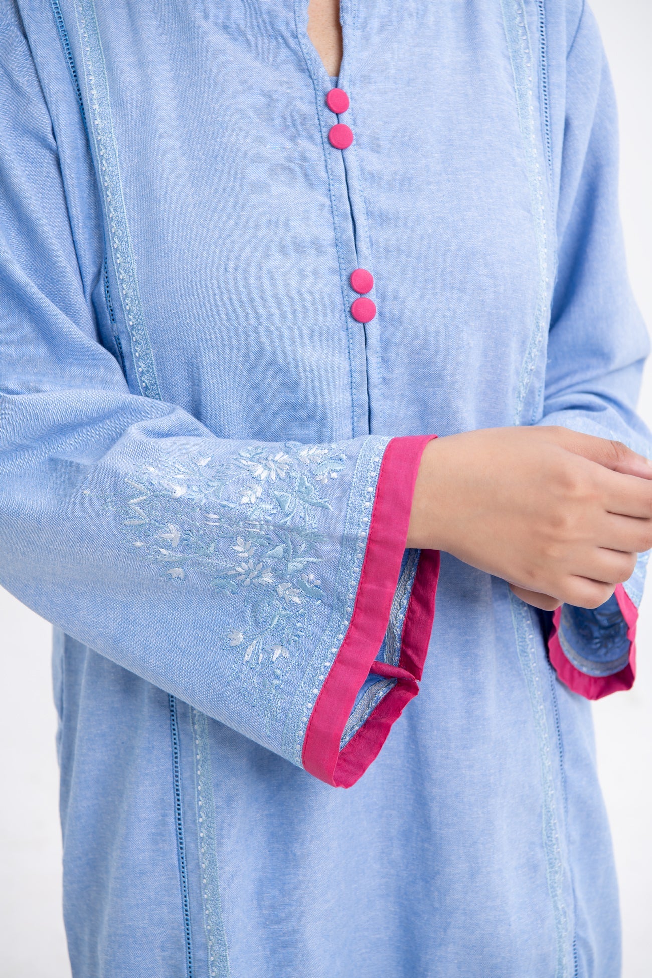 BTW - CHAMBRAY EMBROIDERED SHIRT WITH PANEL DETAIL