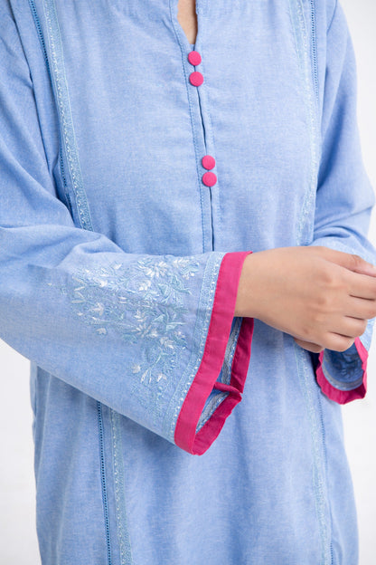 BTW - CHAMBRAY EMBROIDERED SHIRT WITH PANEL DETAIL