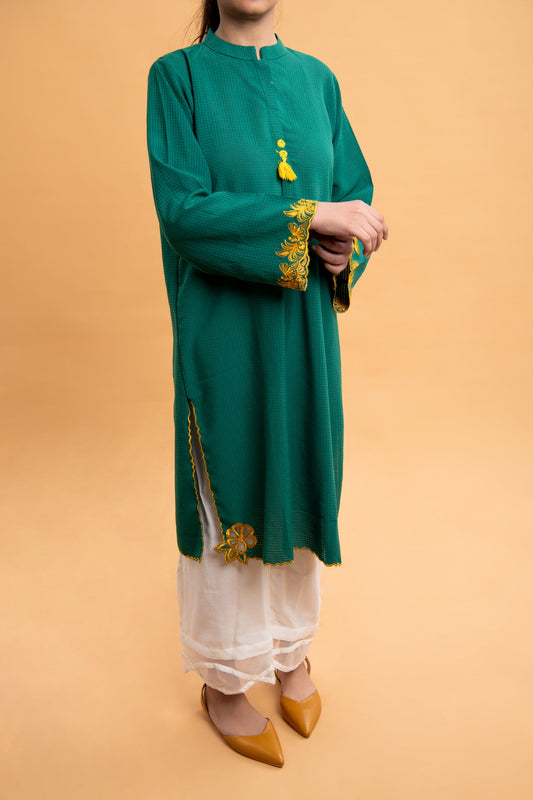 BTW - CHECKERED GEORGETTE  EMBROIDERED SHIRT