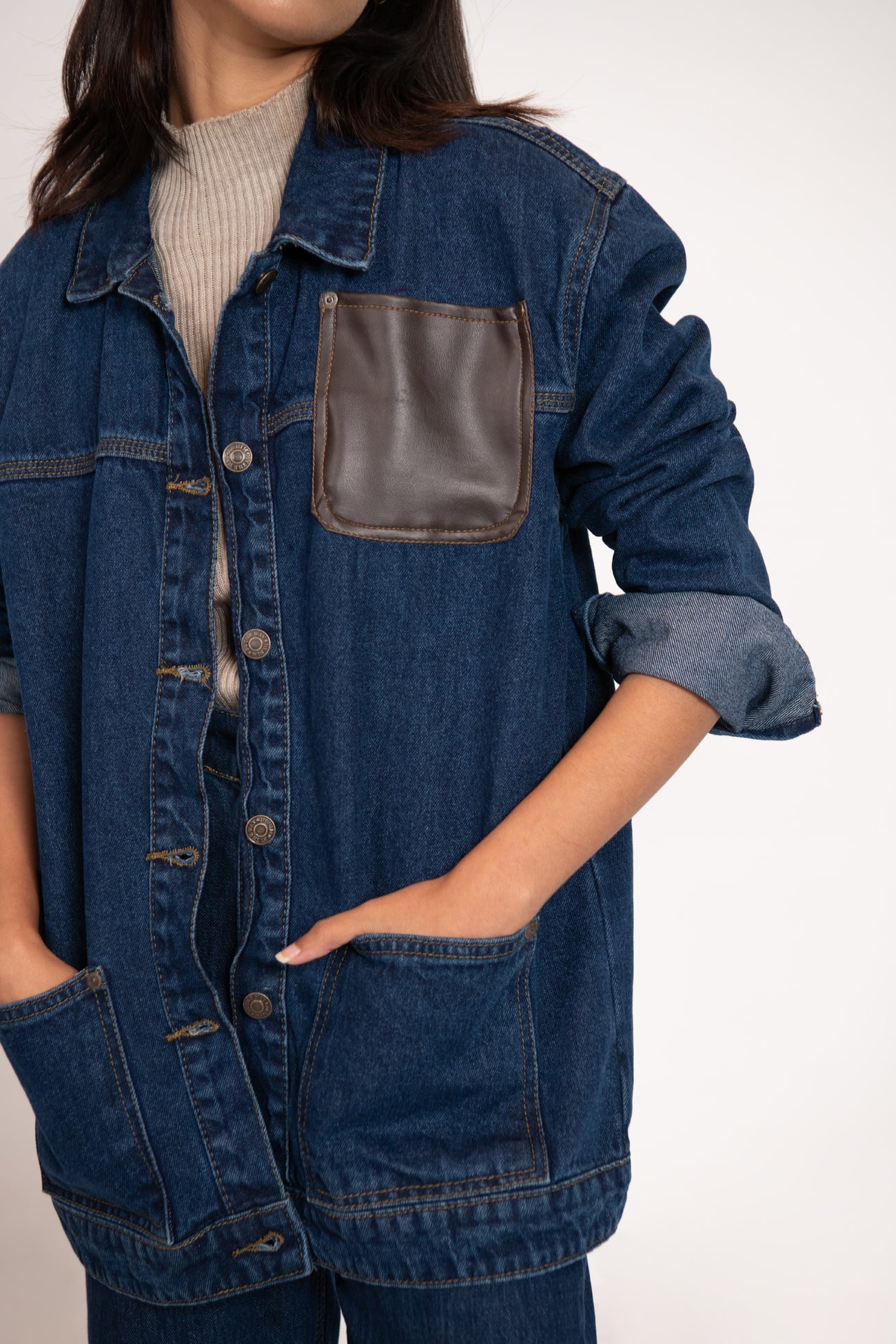 BTW - DENIM JACKET WITH LEATHER PATCH POCKET