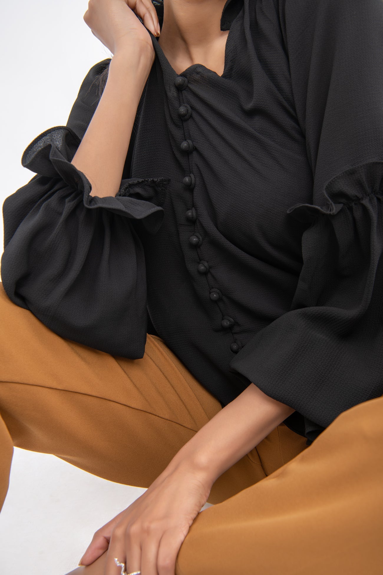 BTW - BUTTON DOWN TOP WITH RUFFLED SLEEVES