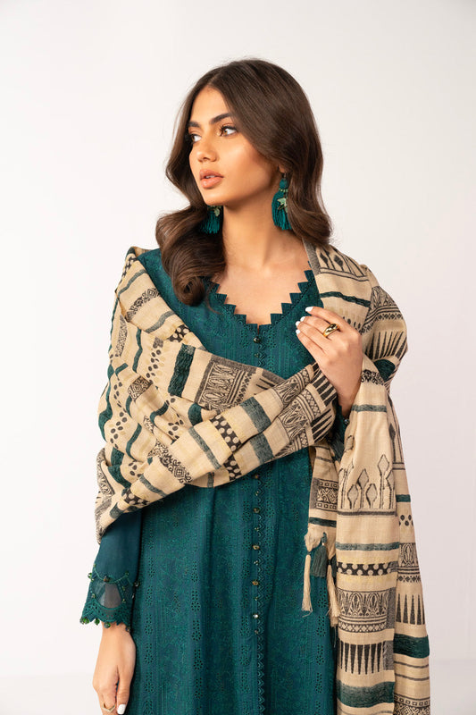 3 Pc Embroidered Viscose Suit With Woven Shawl