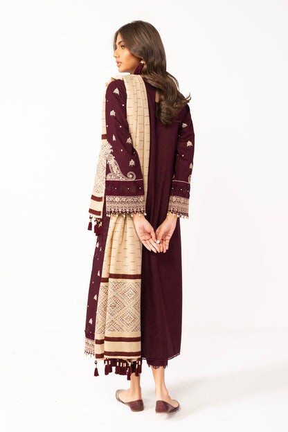 3 Pc Embroidered Dobby Suit With Woven Shawl