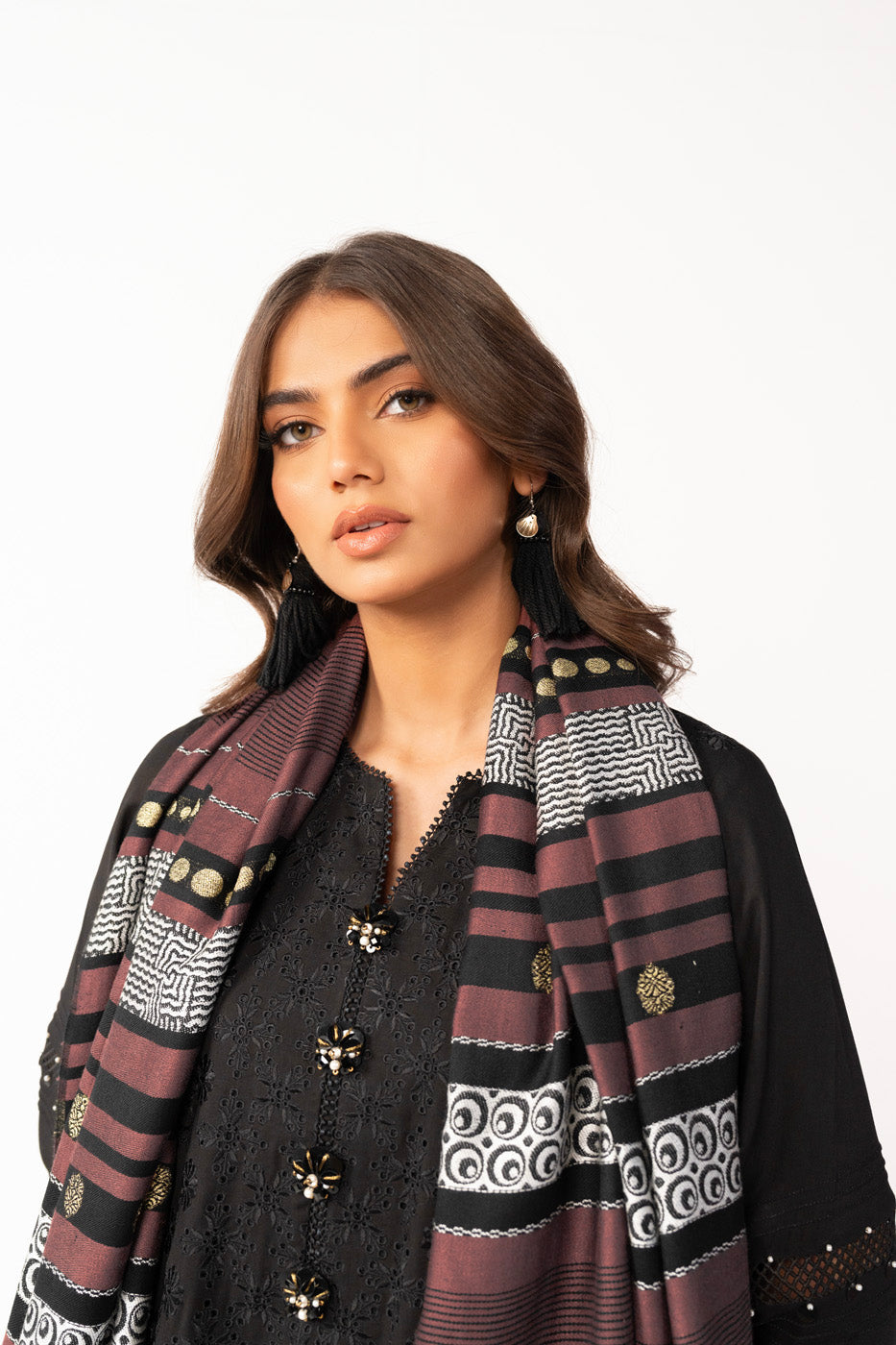 3 Pc Embroidered Viscose Suit With Woven Shawl