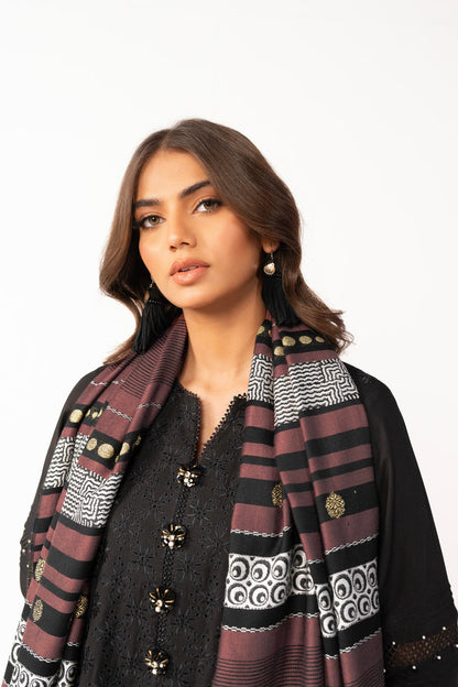 3 Pc Embroidered Viscose Suit With Woven Shawl