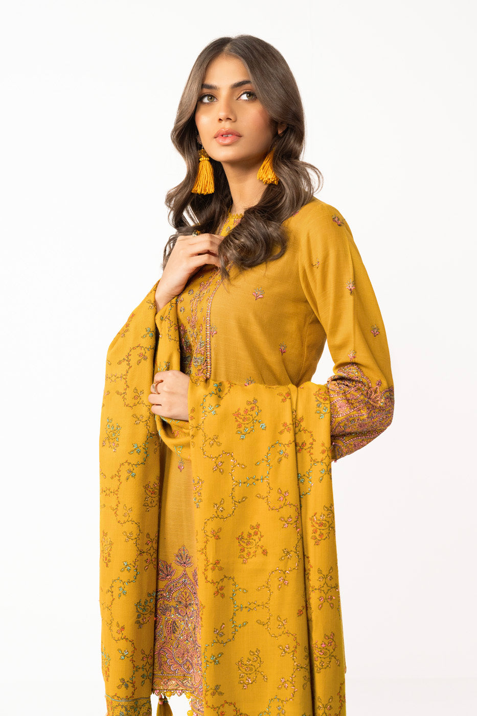 3 Pc Embroidered Khaddar Suit With Shawl