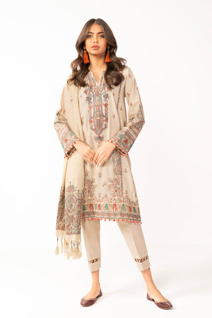 3 Pc Embroidered Khaddar Suit With Shawl