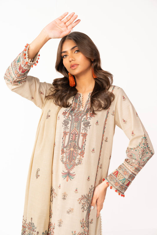 3 Pc Embroidered Khaddar Suit With Shawl