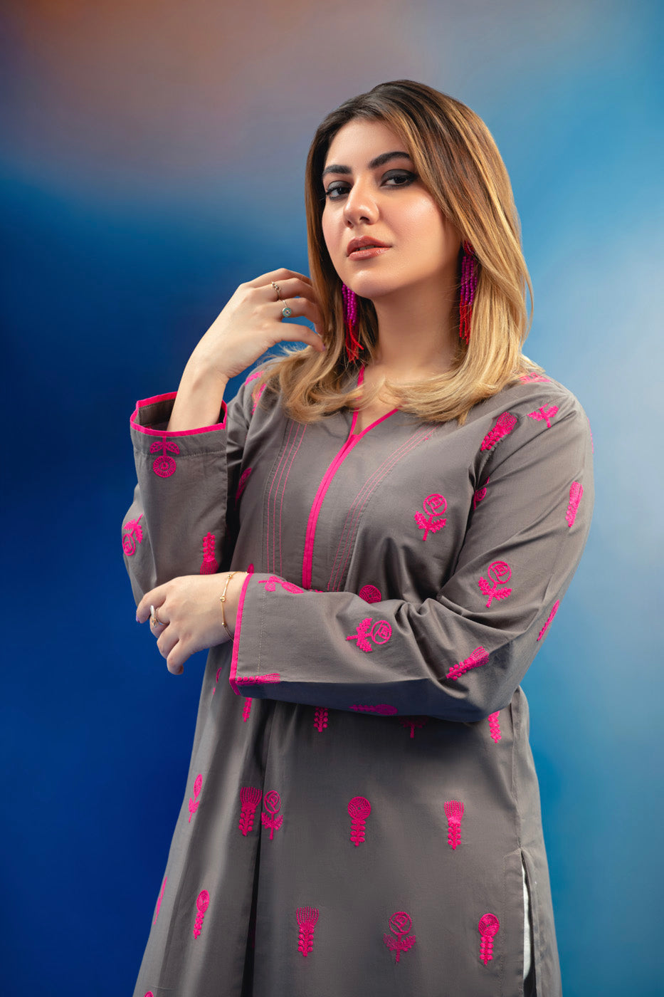 Dyed Embroidered Cambric Kurti