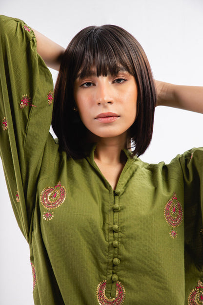 Dyed Embroidered Dobby Kurti