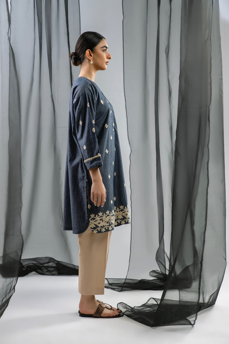 Dyed Embroidered Denim Kurti