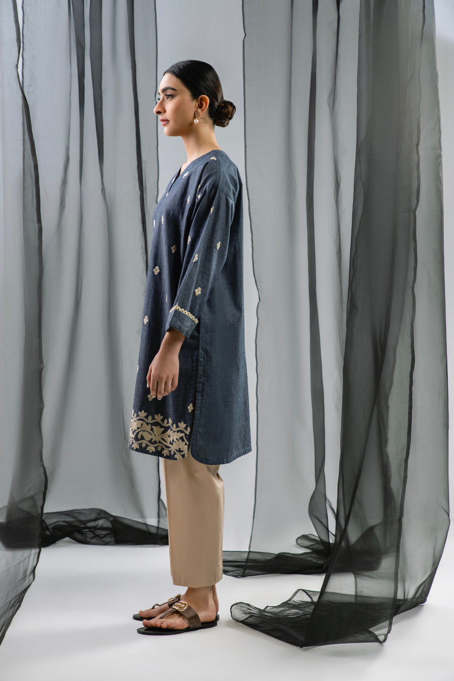 Dyed Embroidered Denim Kurti