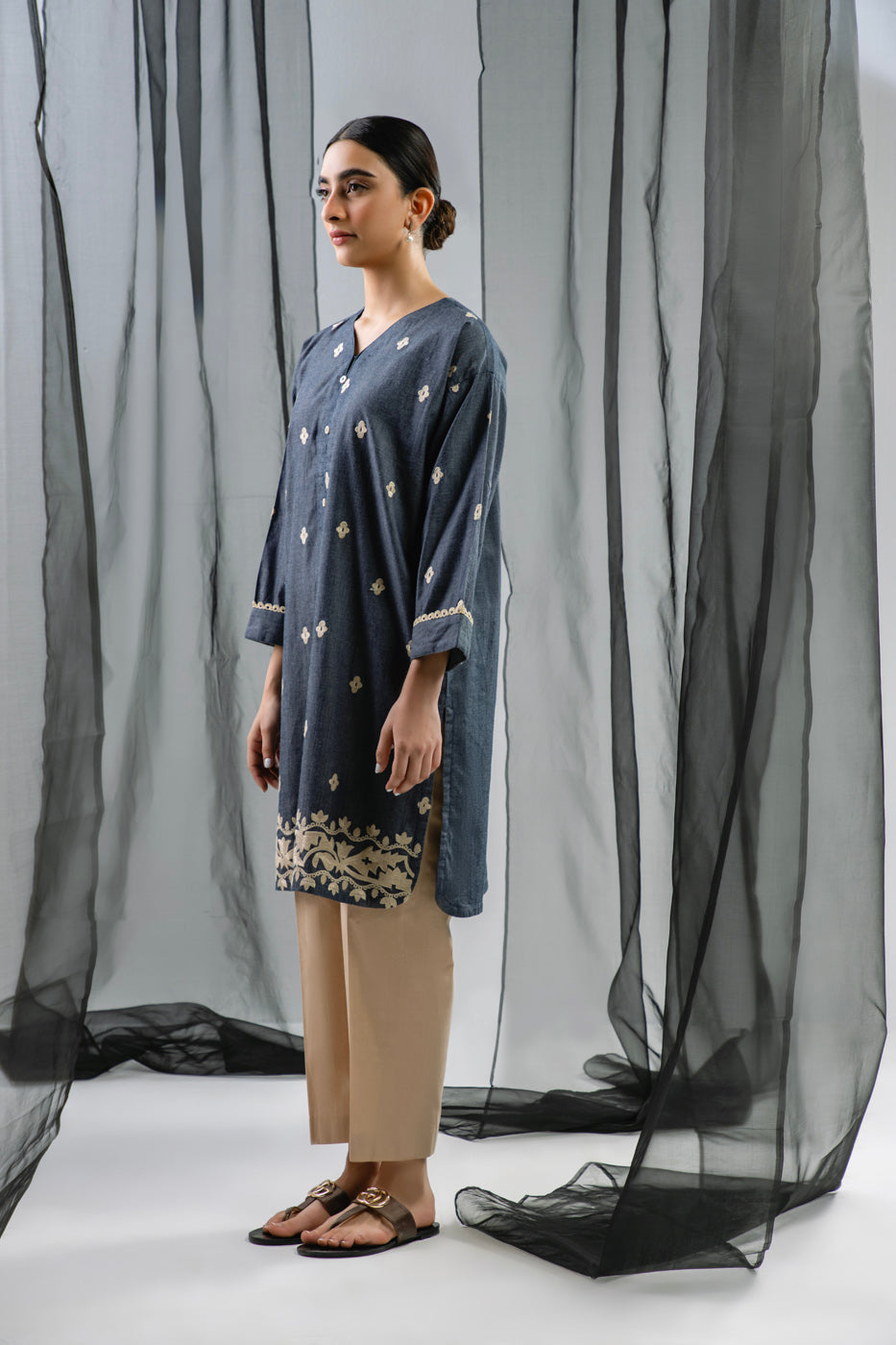 Dyed Embroidered Denim Kurti