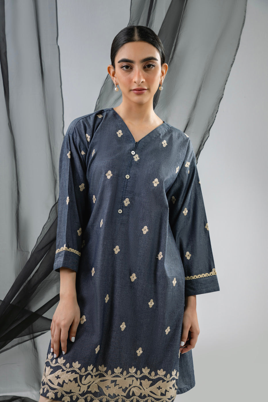 Dyed Embroidered Denim Kurti
