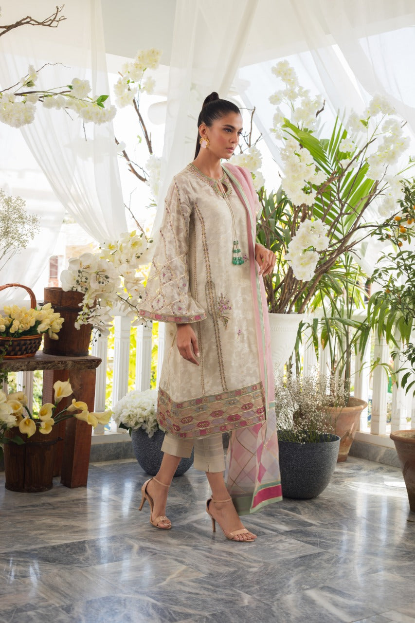 Cotton Net Hand Work Kurta And Trouser with Dupatta