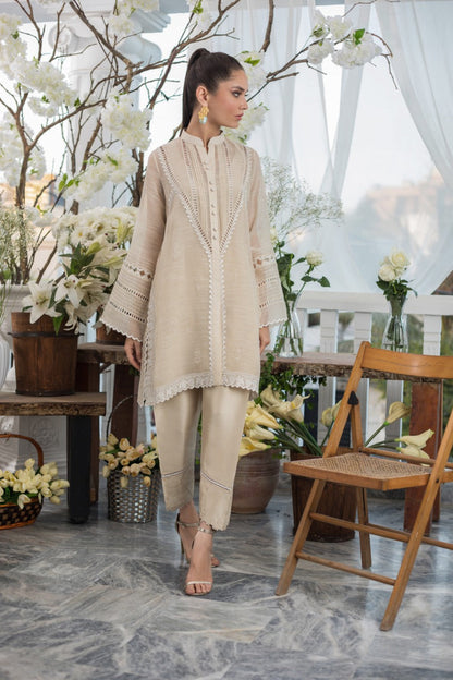 Block Printed Kurta With Lace Detailing And Trouser