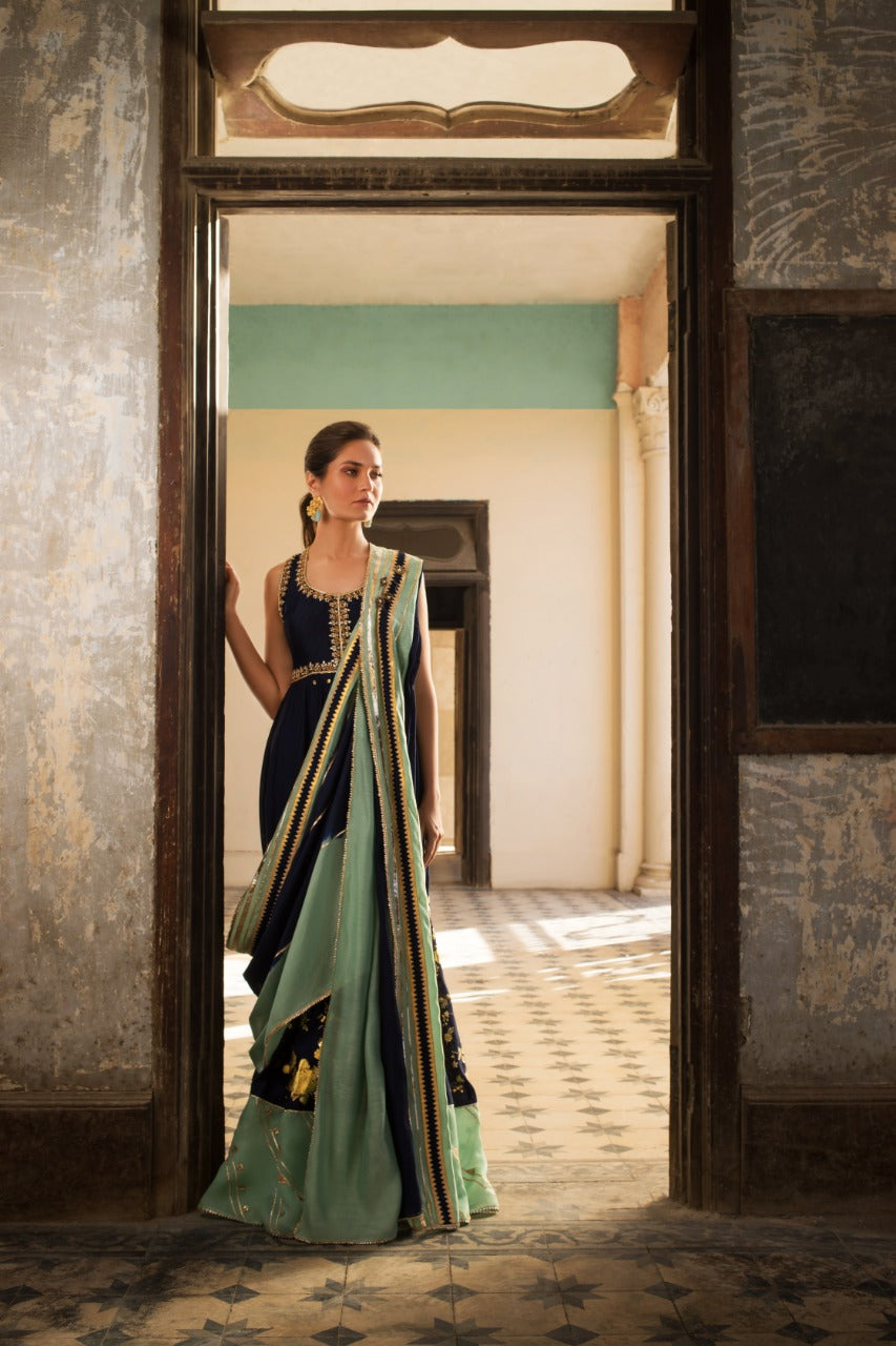 Cobalt And Mint Khadi Silk Peshwas