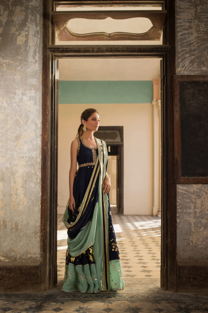 Cobalt And Mint Khadi Silk Peshwas