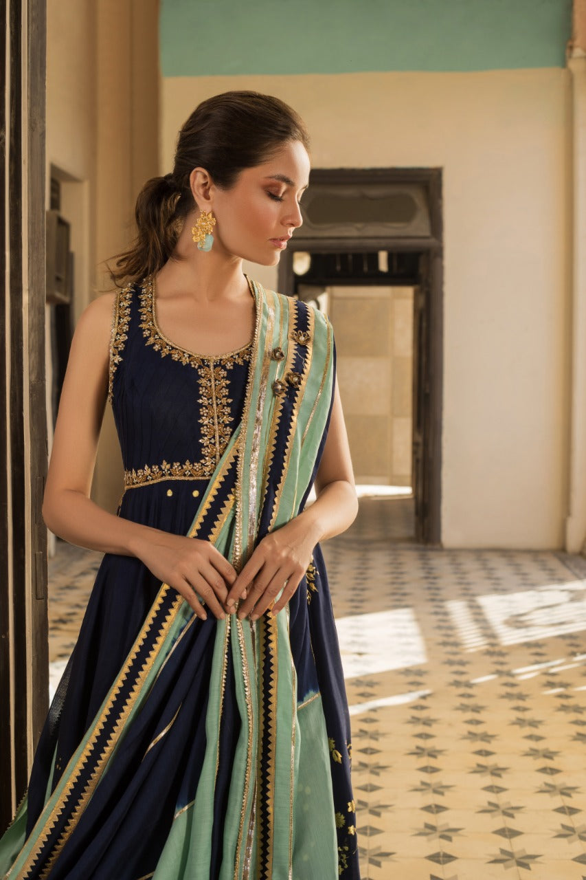 Cobalt And Mint Khadi Silk Peshwas