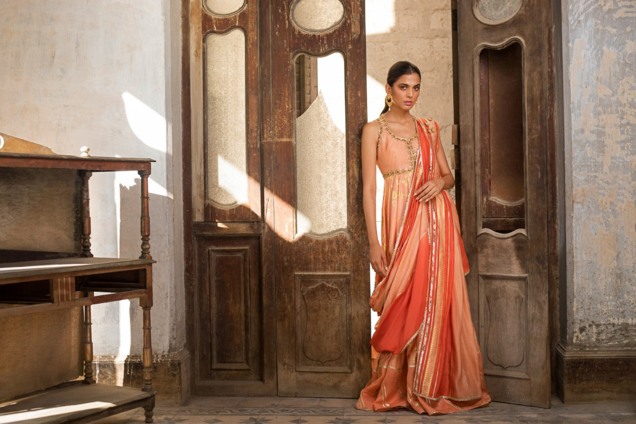 Coral Khadi Silk Peshwas