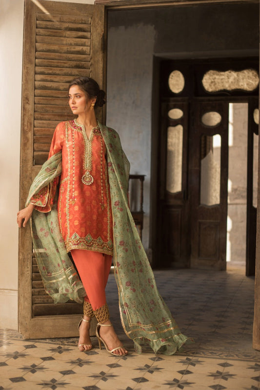 Coral Zari Cotton Net Kurta And Panwar with Dupatta