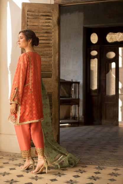 Coral Zari Cotton Net Kurta And Panwar with Dupatta